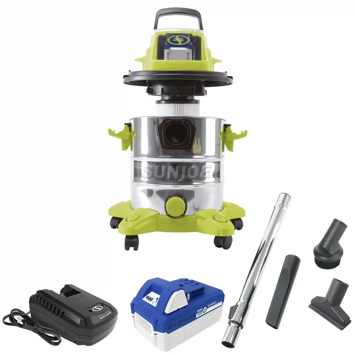 Sun Joe 24-Volt* IONMAX Cordless Portable Stainless Steel Wet/Dry Vacuum Kit | 5.3 Gal | W/ 4.0-Ah Battery + Charger