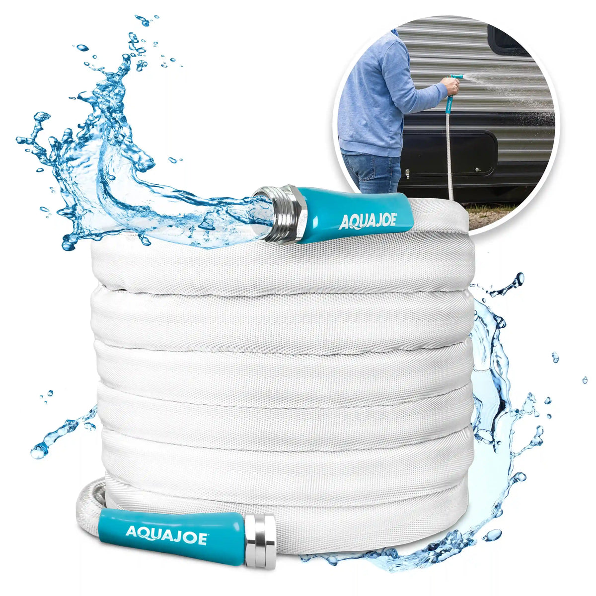 Aqua Joe Marine-Grade All-Purpose RV Hose + Multi-Function Hose Nozzle | 50-Foot | 7 Spray Patterns