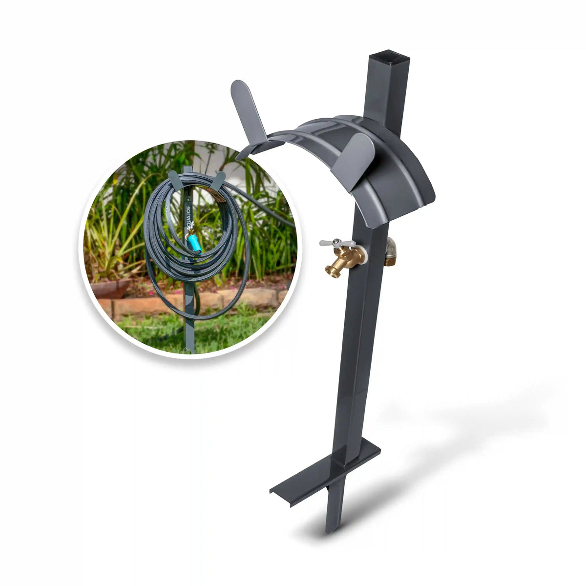 Aqua Joe Garden Hose Stand W/ Brass Faucet | Stores Up To 125-ft (Gray)