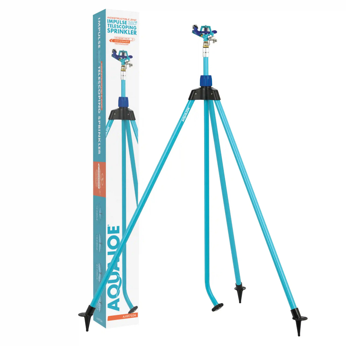 Aqua Joe AJ-IST72ZM Indestructible Zinc Impulse 360° Telescoping Tripod Sprinkler | Customizable Coverage | Extends from 42-72-inches | 1390 sq ft Max Coverage