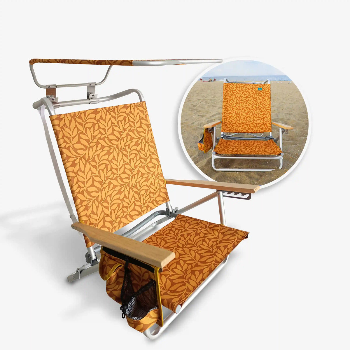Bliss Hammocks Fldng Beach Chair | W/Canopy, Pocket, Cup Hldr, & Carry Straps | Amber Leaf