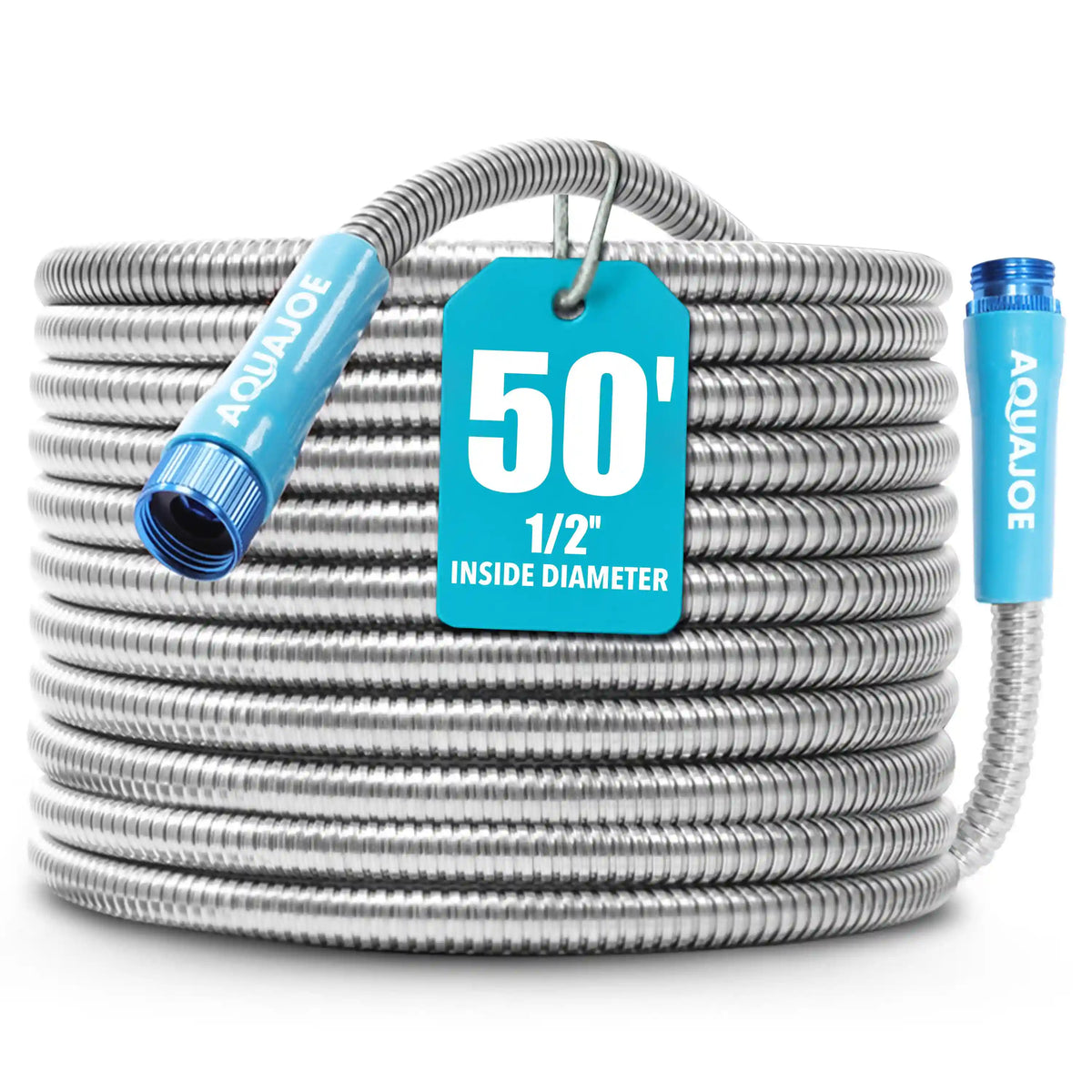 Aqua Joe Heavy-Duty Puncture Proof Metal Garden Hose | 50-Foot | 304-Stainless Steel | Spiral Constructed | 1/2-Inch Diameter