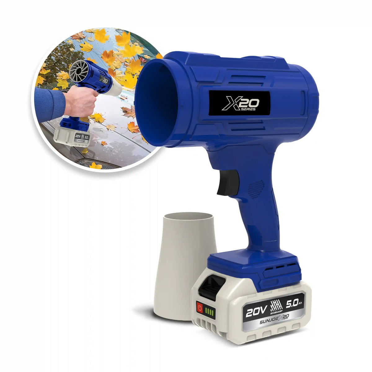 Sun Joe 20-Volt ECOSHARP Cordless X20 StormJet Handheld Turbo Blower  | 40 CFM | 5.0-Ah Battery + Charger