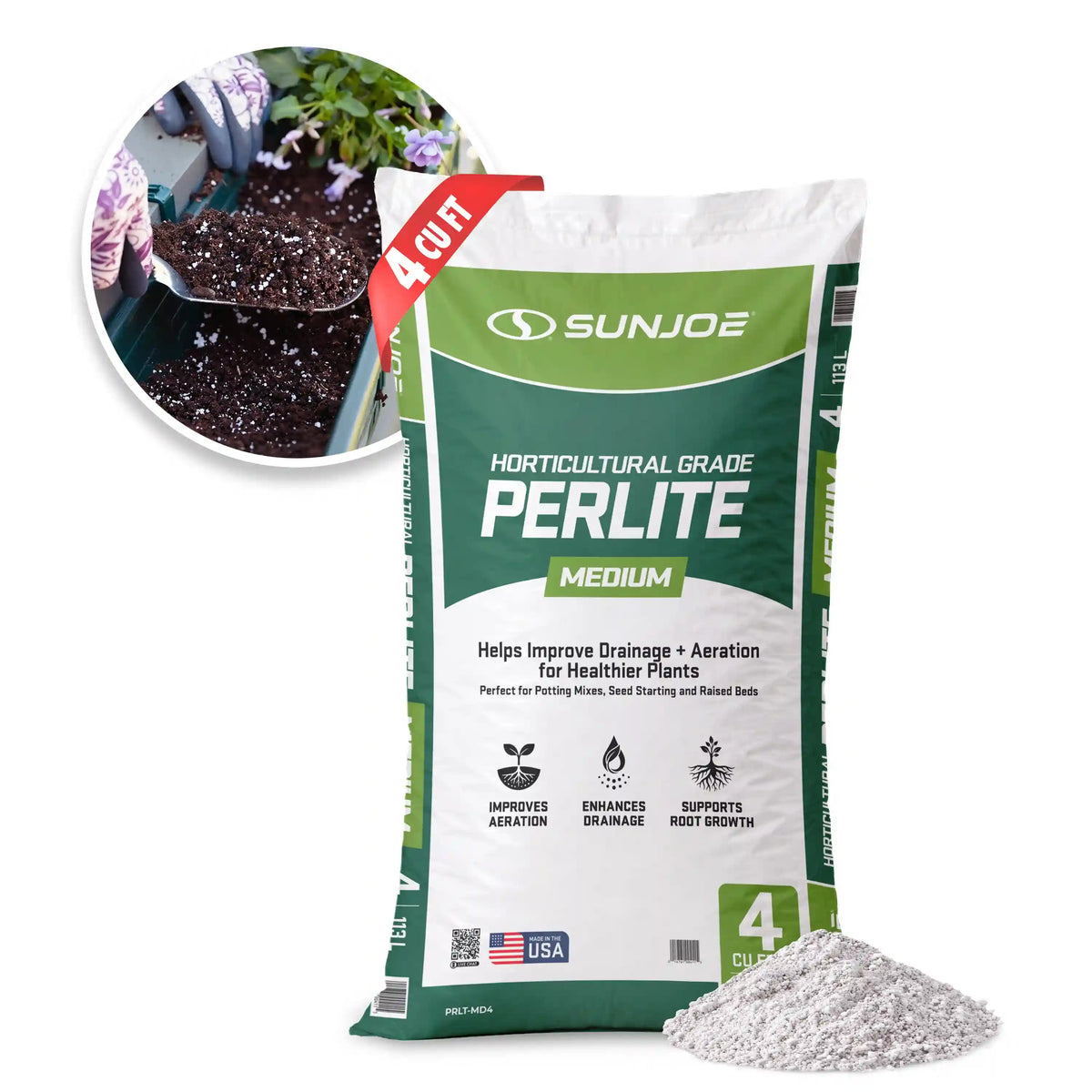 Sun Joe Horticulture Grade Perlite | Improves Drainage + Aeration for Healthier Plants | Medium | 4 cu ft bag