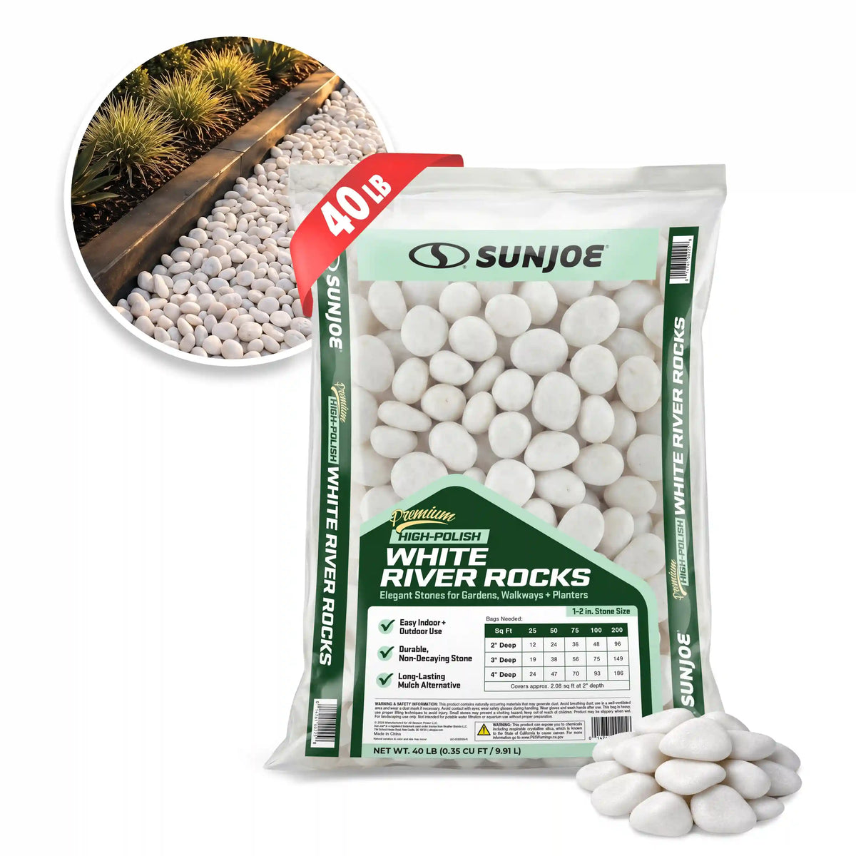 Sun Joe Premium High-polish White Decorative River Rocks | 1-2 In. Stone Size | 40-Lb. Bag