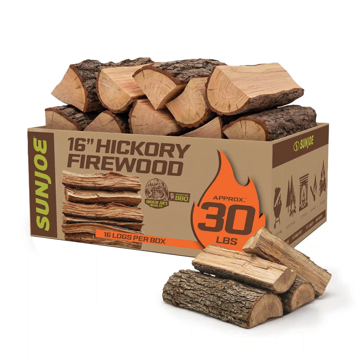 Sun Joe 16'' Hickory Firewood | 100% Natural Kiln-Dried for Fireplaces, Campfires, Wood Stoves, Fire Pits & Grills | 30-Lb. Box