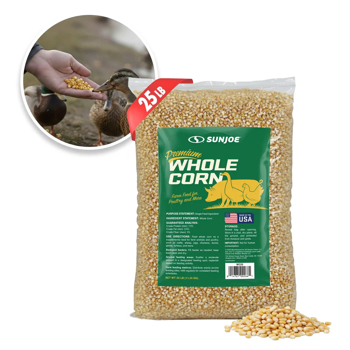 Sun Joe Premium Whole Corn | All Season Feed for Wildlife | Hand-harvested by U.S. Farms. | 25-Lb. Bag
