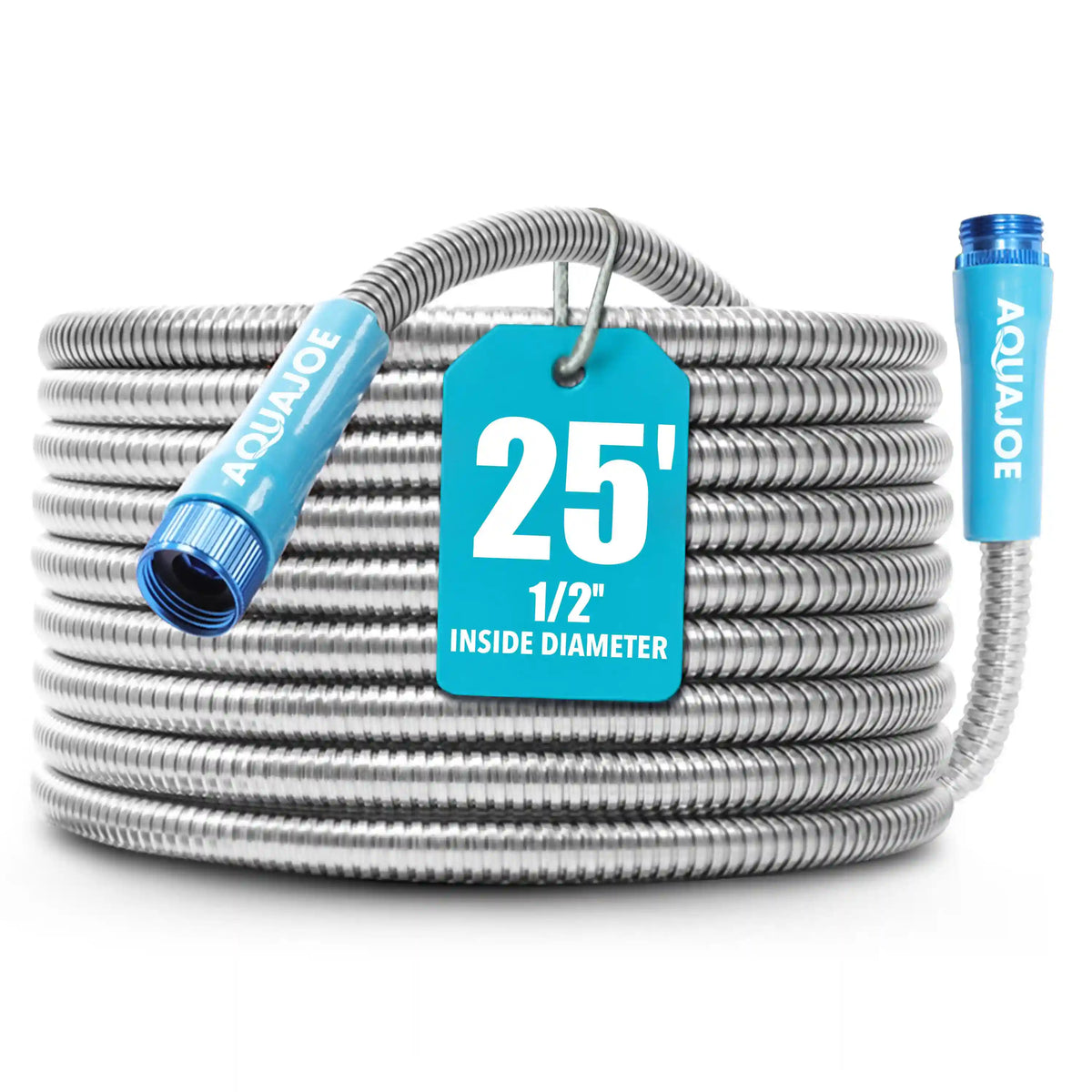 Aqua Joe Heavy-Duty Puncture Proof Metal Garden Hose | 25-Foot | 304-Stainless Steel | Spiral Constructed | 1/2-Inch Diameter