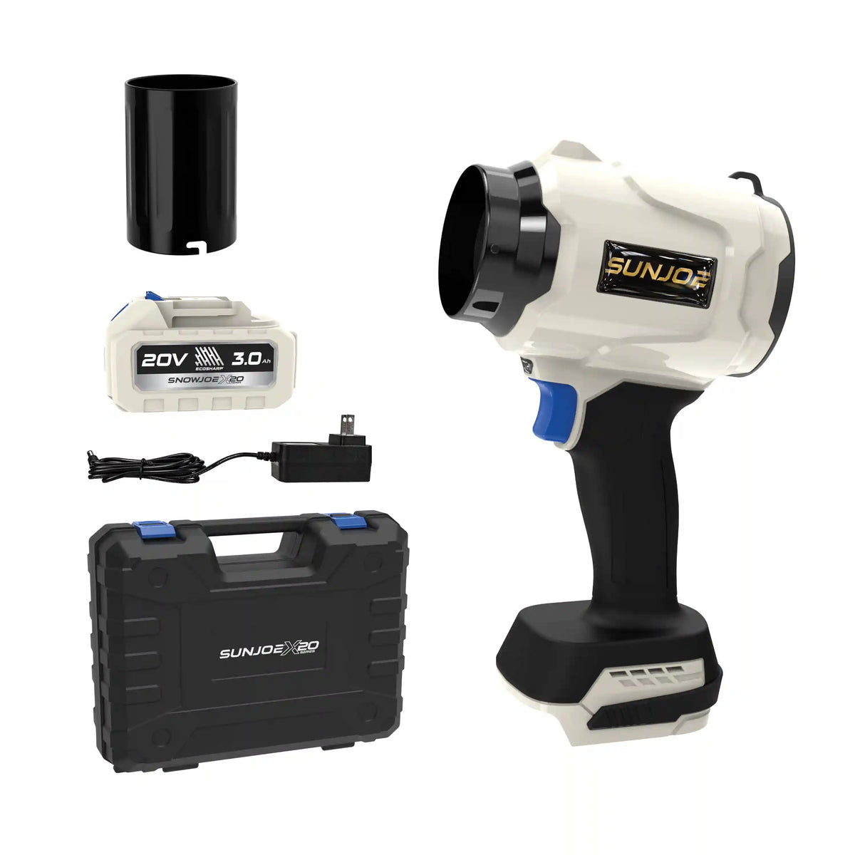 Sun Joe 20-Volt ECOSHARP Cordless X20 StormJet Handheld Turbo Blower | 300 CFM | 3.0-Ah Battery + Charger