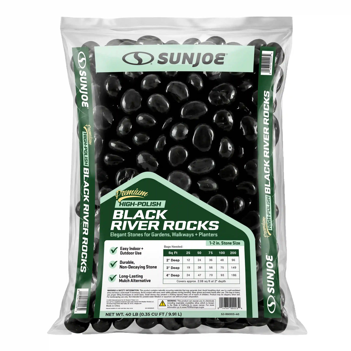 Sun Joe Premium High-polish Black Decorative River Rocks | 1-2 In. Stone Size | 40-Lb. Bag