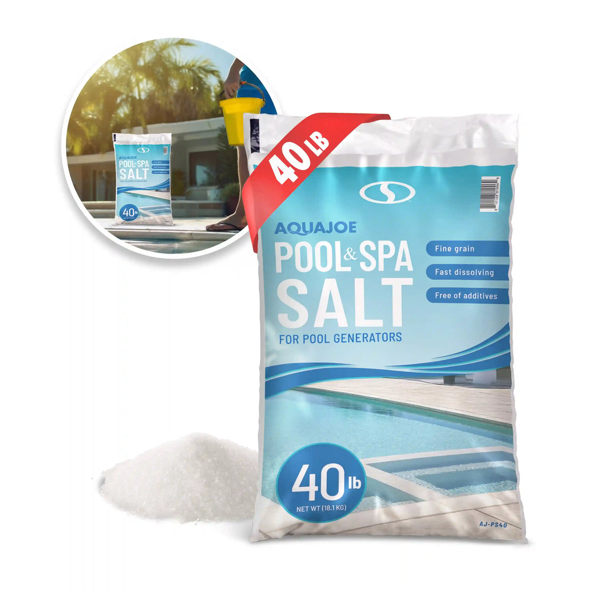 Aqua Joe Pool + Spa Salt | For Pool Generators | Fast Dissolving | 40-Lb. Bag