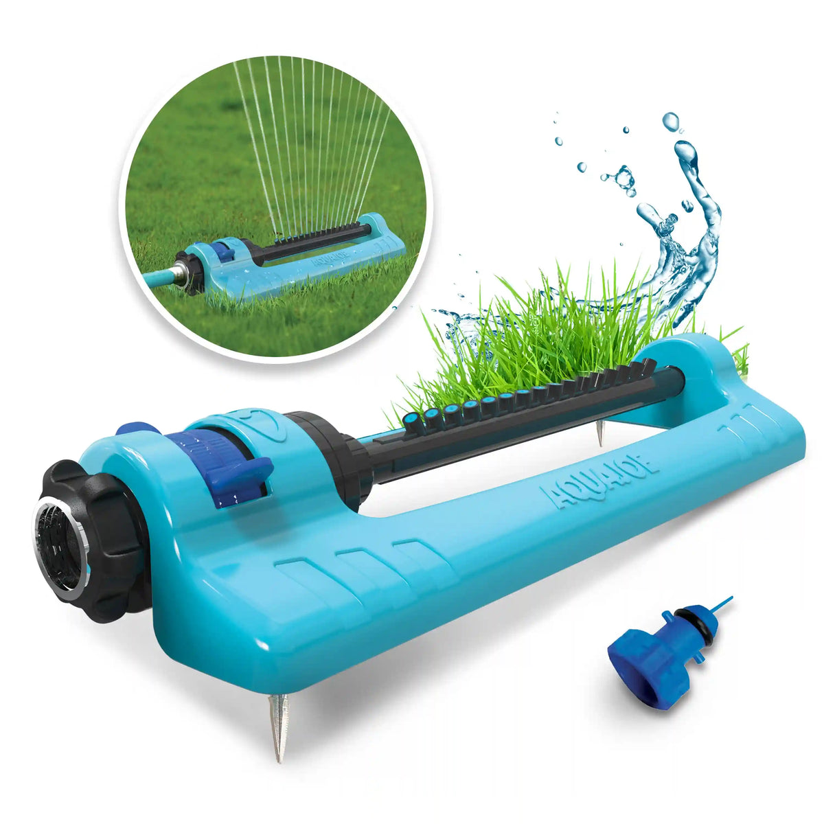 Aqua Joe Oscillating Sprinkler with Adjustable Spray, 16 Clog-Resistant Nozzles | Standard Base w/Metal Ground Spike | 3400 Square Foot Coverage