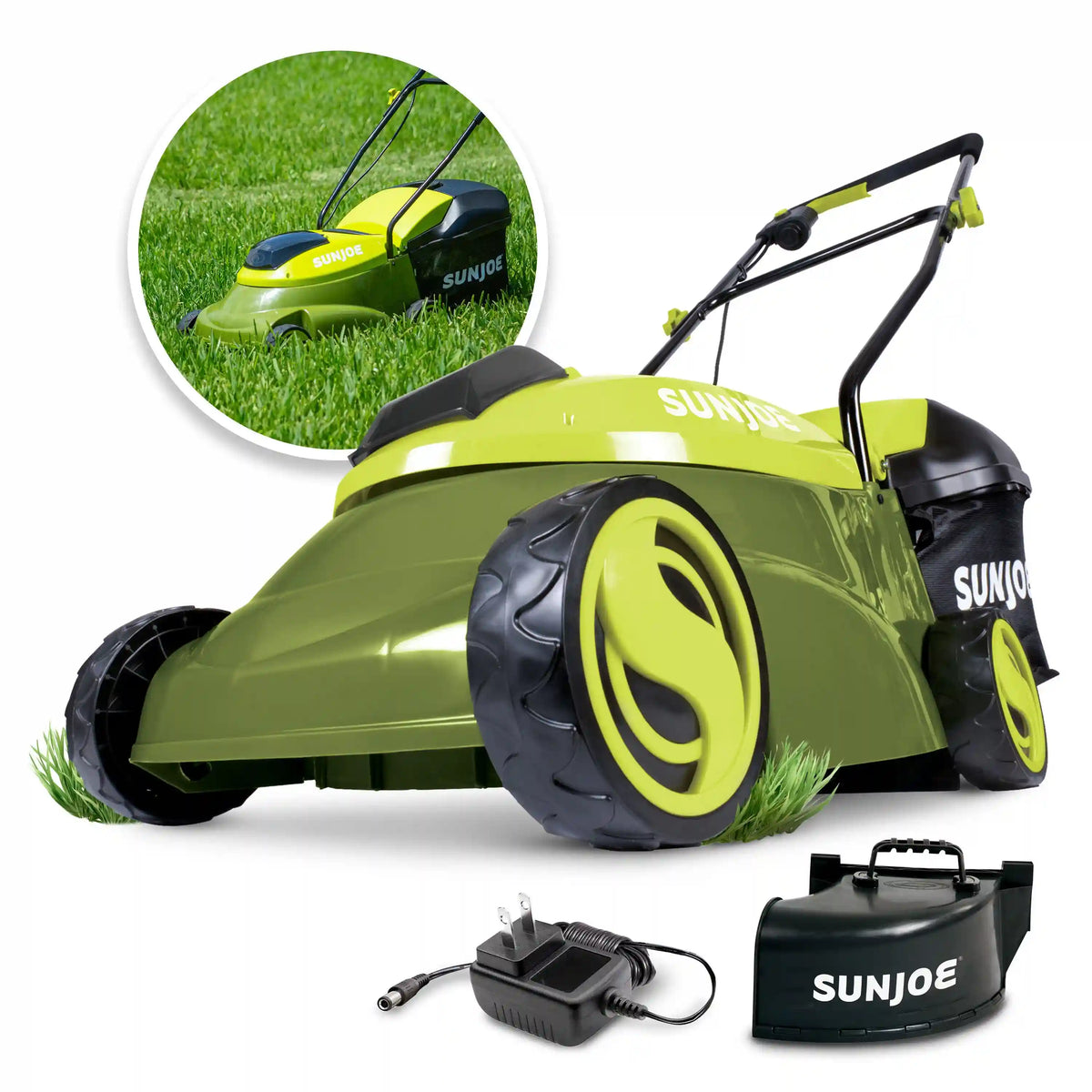 Sun Joe 28-Volt Cordless Walk-Behind Push Lawn Mower | 14-inch | 4.0-Ah Battery + Discharge Chute | 3-Position Height Adjustment