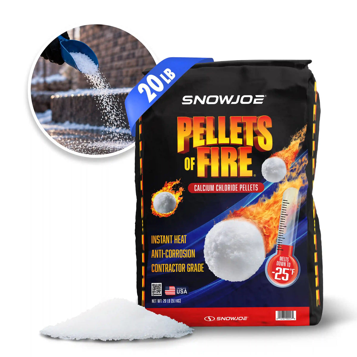 Pellets of Fire Calcium Chloride Ice and Snow Melt + Deicer | 20 Lb. Bag | Works to -25°F
