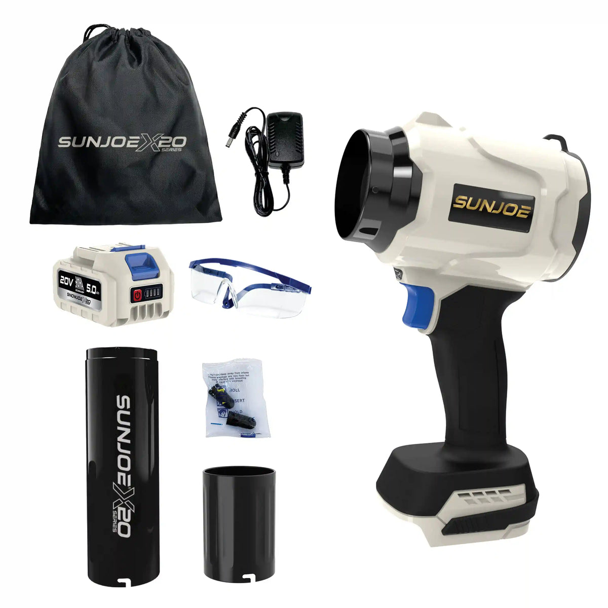 Sun Joe 20-Volt ECOSHARP Cordless X20 StormJet Handheld Turbo Blower  | 300 CFM | W/ 5000 mAh (5.0-Amp) Battery + Charger