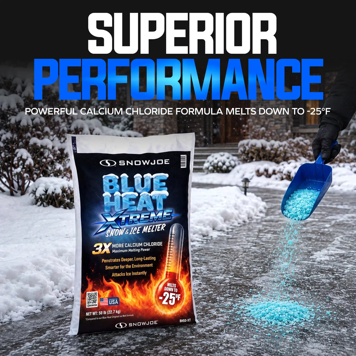 Snow Joe Blue Heat XTREME Snow and Ice Melter | 3X More Calcium Chloride | 50-Lb. Bag | Melts Down to -25°F