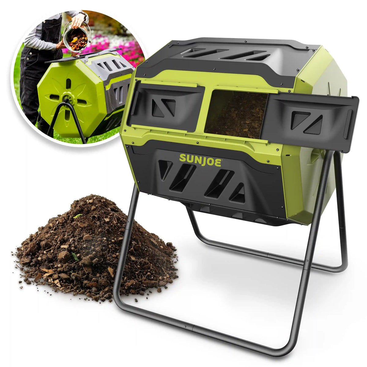 Sun Joe All-Season Outdoor Tumbling Composter | Dual Sliding Chamber | 42-Gallon | 2-10 Weeks
