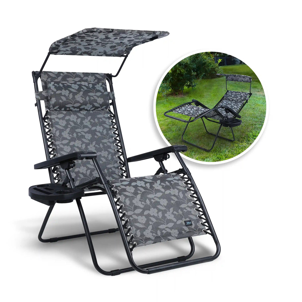 Bliss Hammocks Gravity Free Chair w/ Canopy, Drink Tray, & Pillow | 33-in. Wide XXL | Weather & Rust Resistant | 360 Lb. Capacity | Platinum Flower