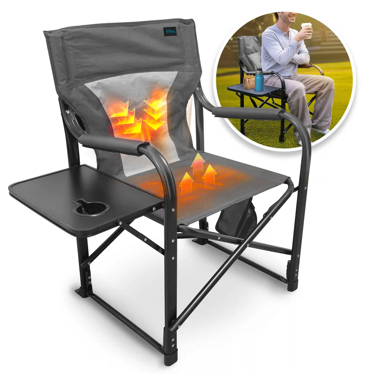 Bliss Hammocks 24-Volt Heated Directors Seat | 21-in Wide | 3 Temp Settings | 2.0-Ah Battery + Charger (Gray)