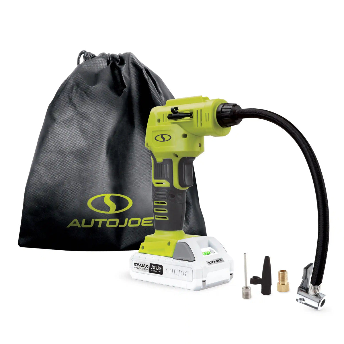 Auto Joe 24-Volt IONMAX Cordless Portable Air Compressor Kit | W/ 1.3-Ah Battery, Nozzle Accessories, and Storage Bag