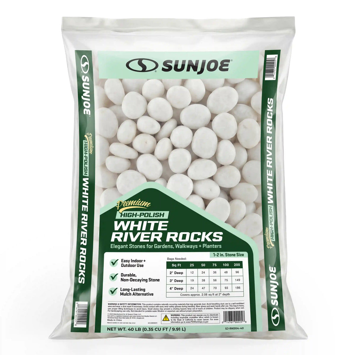 Sun Joe Premium High-polish White Decorative River Rocks | 1-2 In. Stone Size | 40-Lb. Bag
