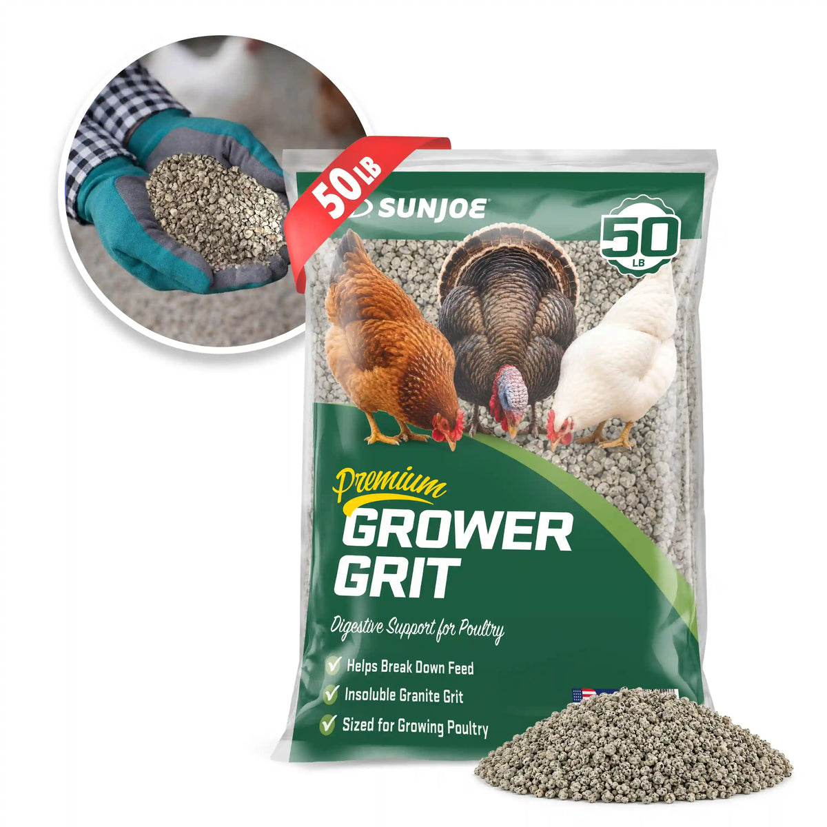 Sun Joe Premium Grower Grit | Digestive Support for Poultry | 50-Lb. Bag