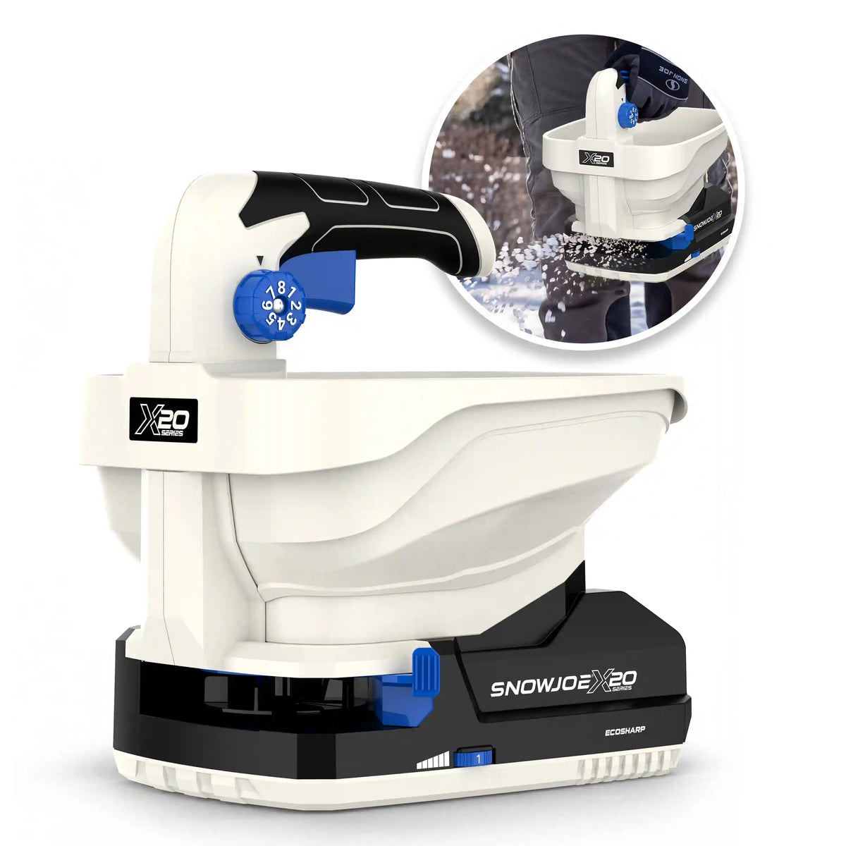 Snow Joe X20-Series Cordless Handheld Spreader | 2200 MAX RPM | W/ 2000 mAh Battery (2.0-Amp) + Charger