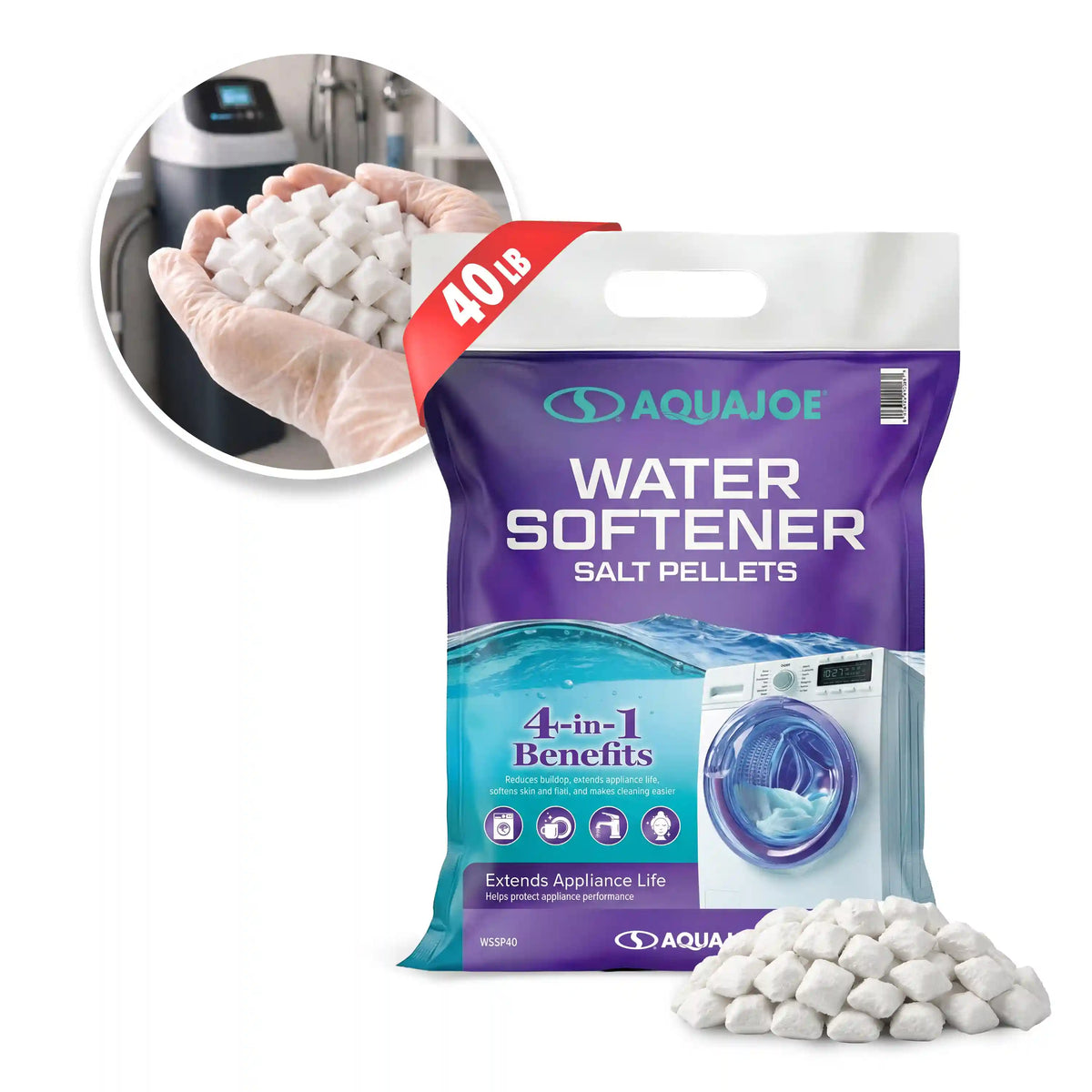 Aqua Joe Water Softener Salt Pellets | 4-in-1 Benefits | Extends Appliance Life | 40-Lb. Bag