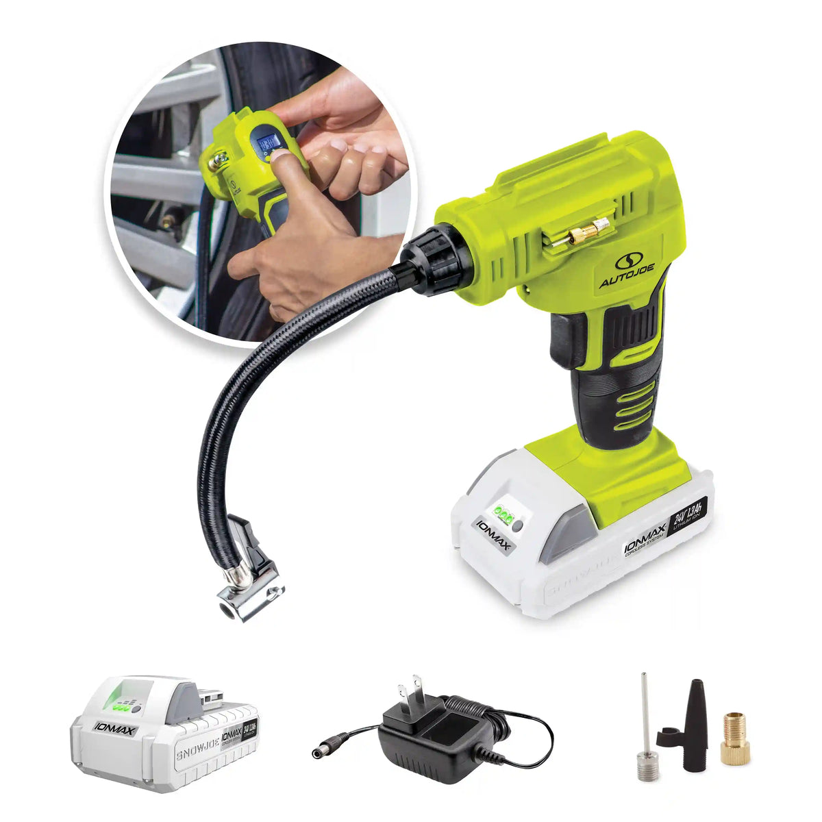 Auto Joe 24-Volt IONMAX Cordless Portable Air Compressor Kit | W/ 1.3-Ah Battery, Nozzle Accessories, and Storage Bag