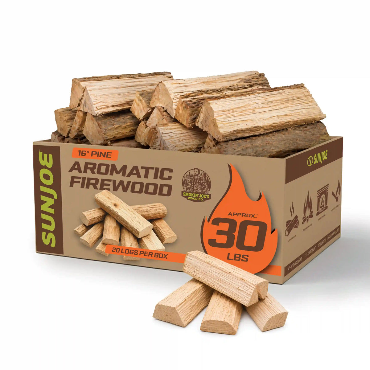 Sun Joe 16'' Pine Aromatic Firewood | 100% Natural Kiln-Dried for Fireplaces, Campfires, Wood Stoves & Fire Pits | 30-Lb. Box