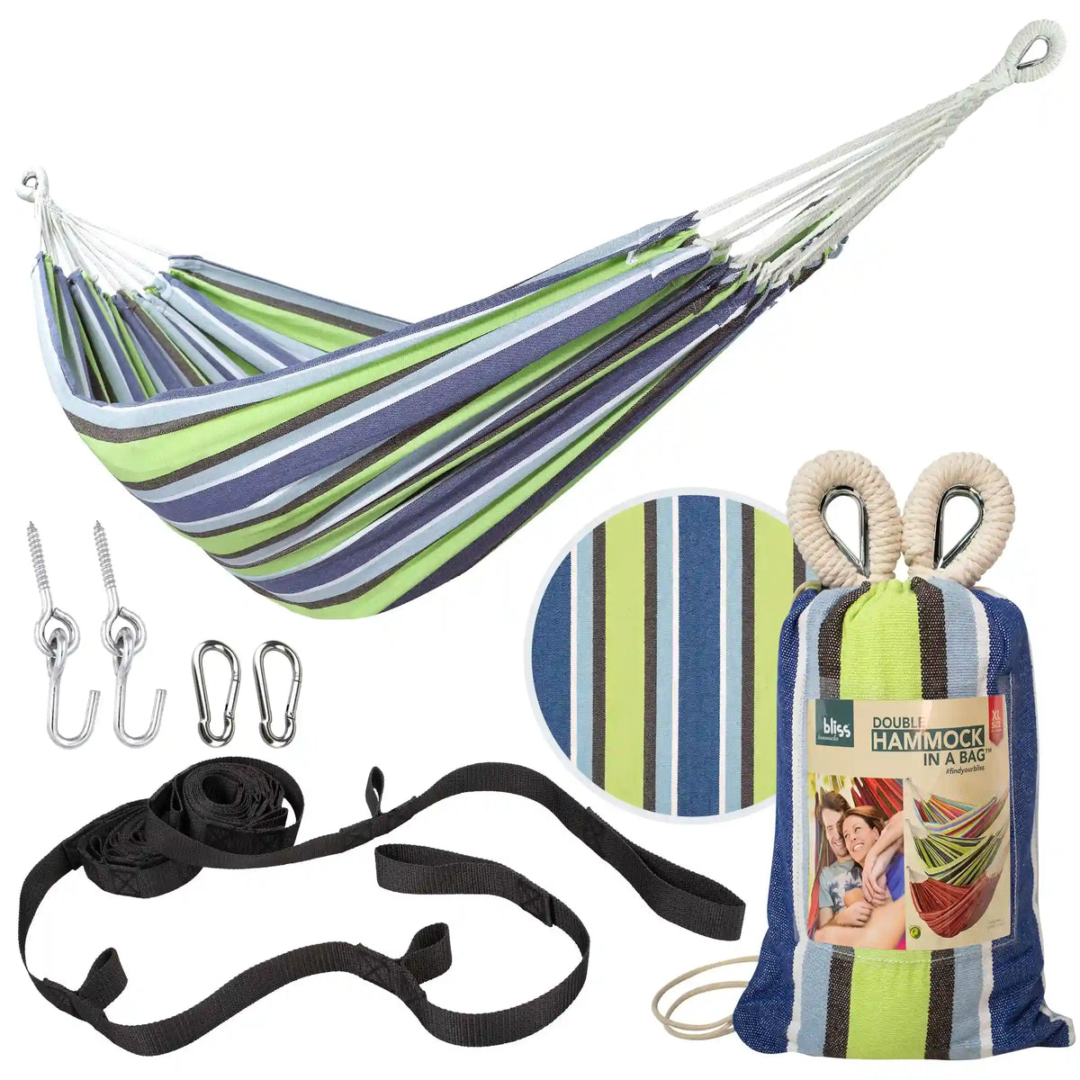 Bliss Hammocks Double Hammock in a Bag W/ Rope loops + Hanging Hardware + Universal Multi-Loop Suspension System | 60-in. Wide | 265 Lb. Capacity (Blue Honolulu)