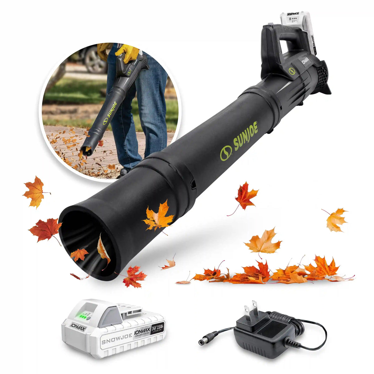 Sun Joe 24-Volt* IONMAX Cordless Compact Turbine Jet Blower | 100-MPH | 280-CFM | W/ 2.0-Ah Battery + Charger