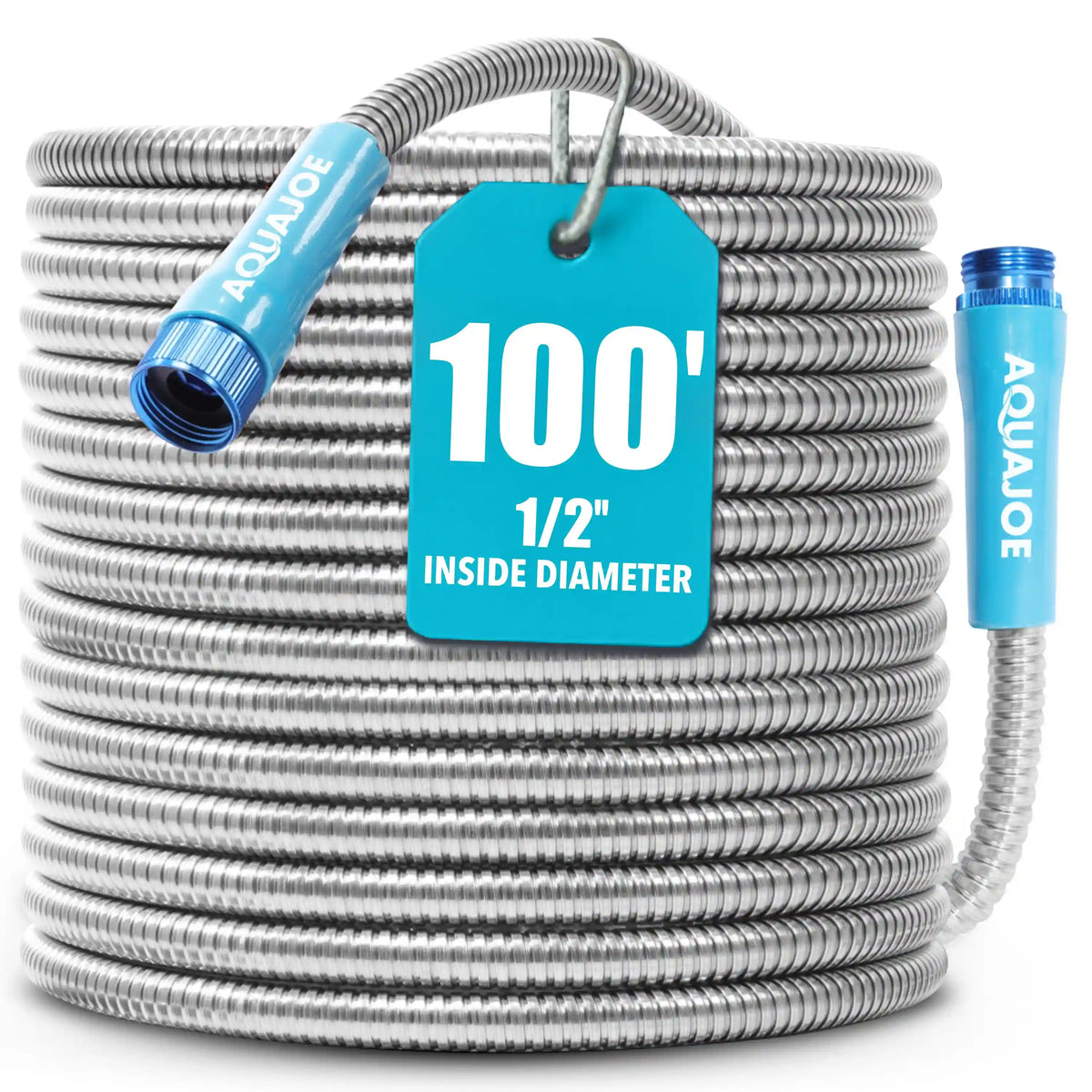 Aqua Joe Heavy-Duty Puncture Proof Metal Garden Hose | 100-Foot | 304-Stainless Steel | Spiral Constructed | 1/2-Inch Diameter