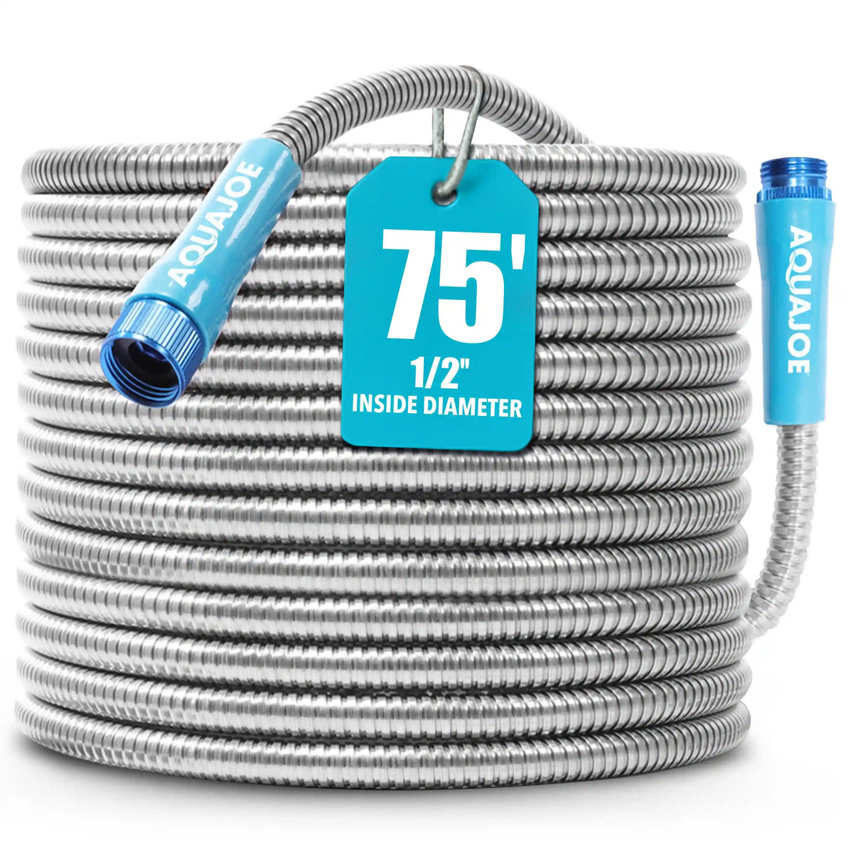 Aqua Joe Heavy-Duty Puncture Proof Metal Garden Hose | 75-Foot | 304-Stainless Steel | Spiral Constructed | 1/2-Inch Diameter