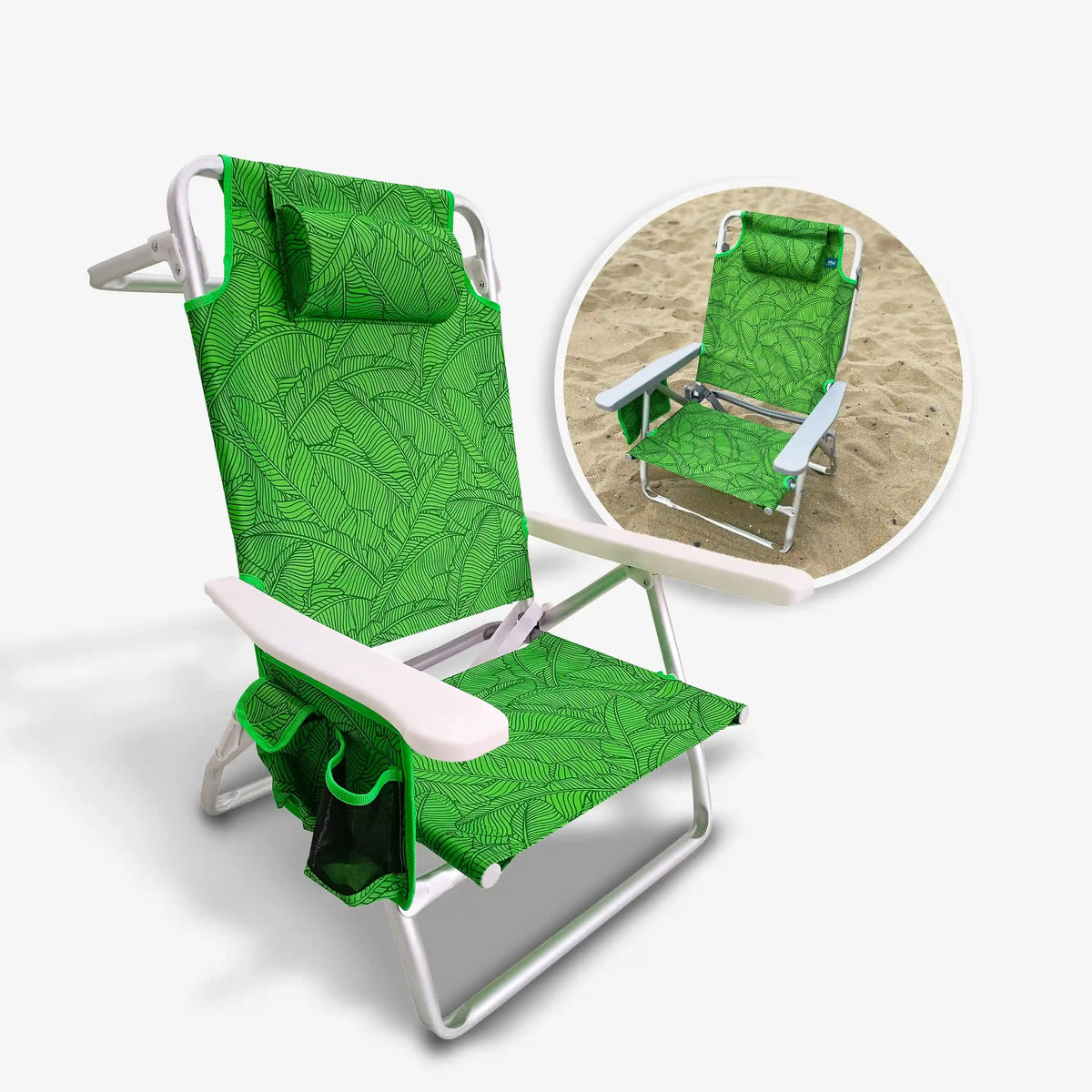 Bliss Hammocks Fldng Beach Chair | W/ Towel Rack/Extension Leg & Cup Hldr W/Pocket | Green Banana Leaves
