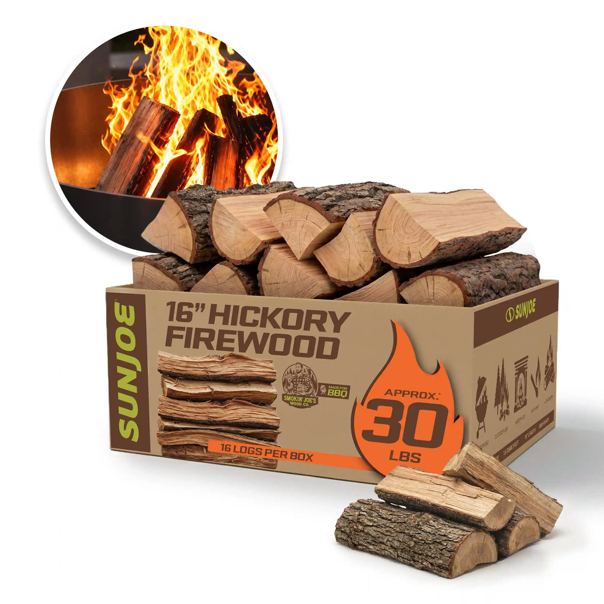 Sun Joe 16'' Hickory Firewood | 100% Natural Kiln-Dried for Fireplaces, Campfires, Wood Stoves, Fire Pits & Grills | 30-Lb. Box