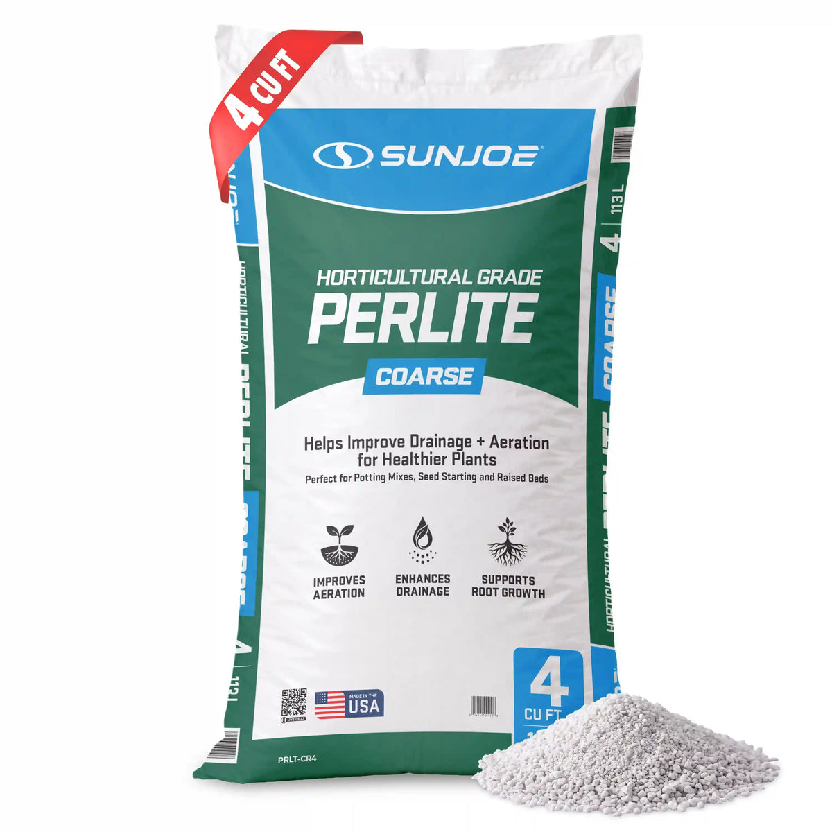 Sun Joe Horticulture Grade Perlite | Improves Drainage + Aeration for Healthier Plants | Course | 4 cu ft bag