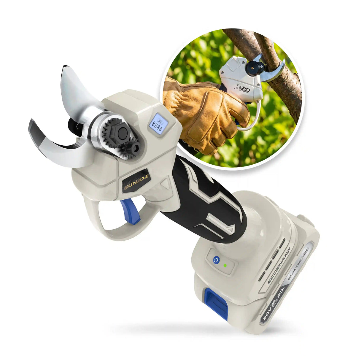 Sun Joe 20-Volt ECOSHARP Cordless X20 Pruner | Max 1.1-inch Cutting Capacity | W/ 2000 mAh Battery (2.0-Amp) + Charger