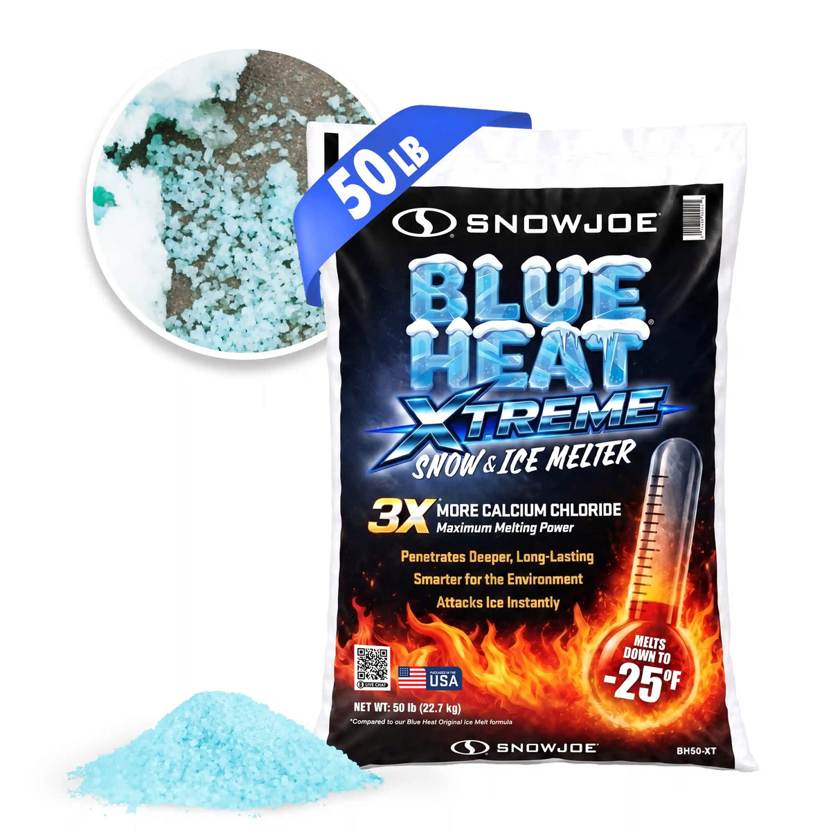 Snow Joe Blue Heat XTREME Snow and Ice Melter | 3X More Calcium Chloride | 50-Lb. Bag | Melts Down to -25°F