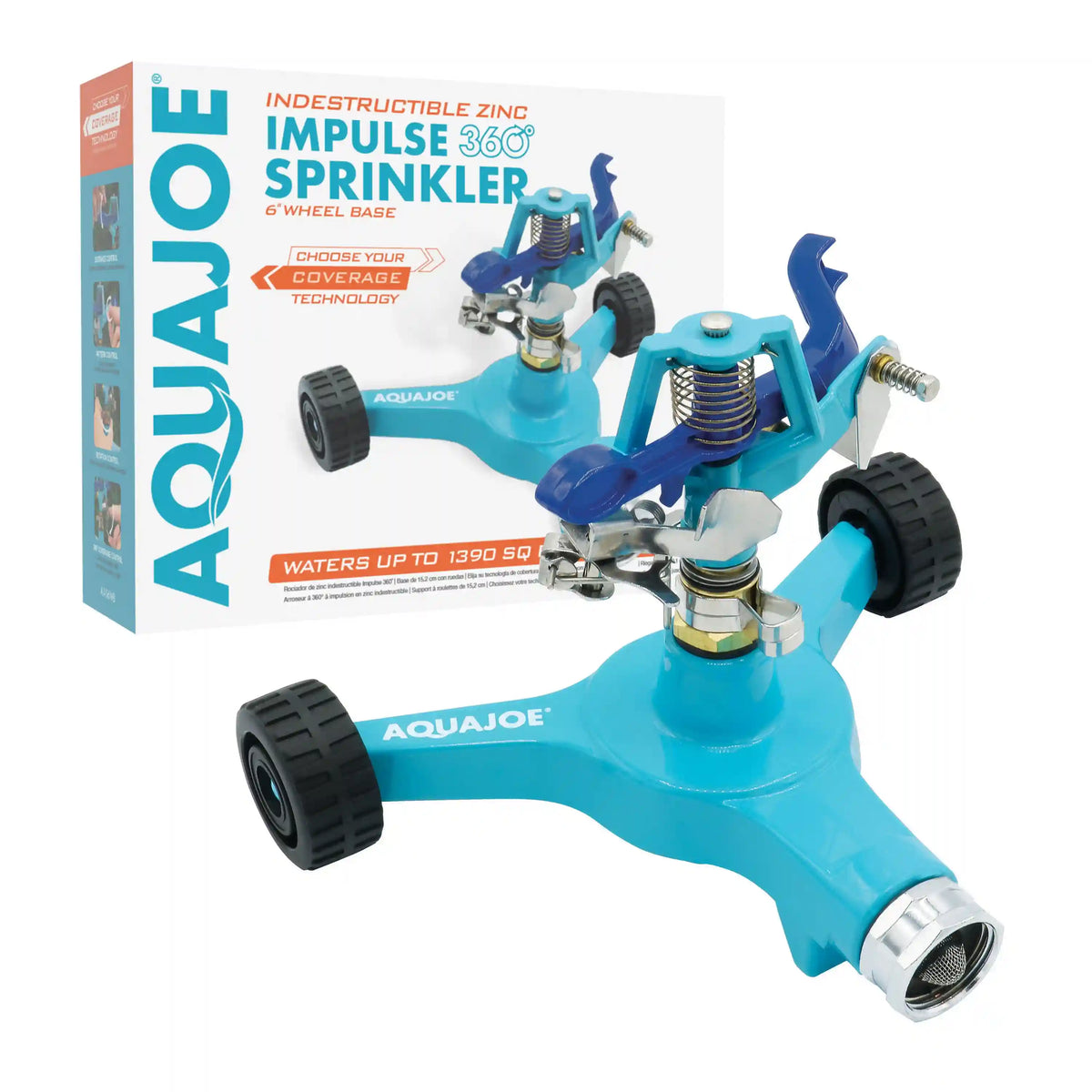 Aqua Joe Indestructible Zinc Impulse 360° Sprinkler | Customizable Coverage | 6'' Wheel Base | 1390 sq ft Max Coverage