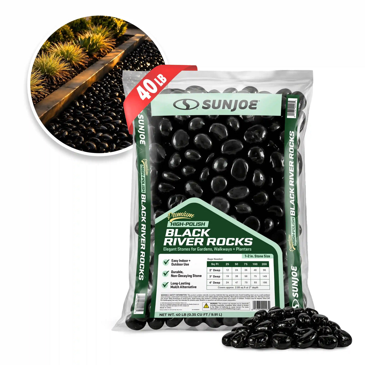 Sun Joe Premium High-polish Black Decorative River Rocks | 1-2 In. Stone Size | 40-Lb. Bag