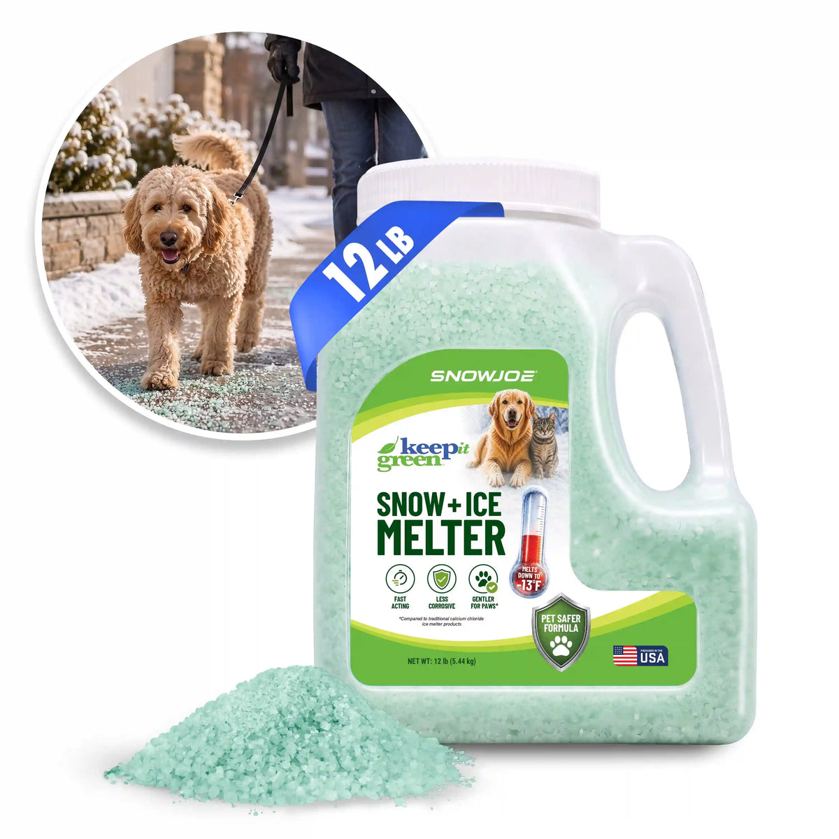 Snow Joe Keep it Green Pet-Safer Ice and Snow Melt and Deicer | 12-Lb. Jug | Melts Down To -10°F