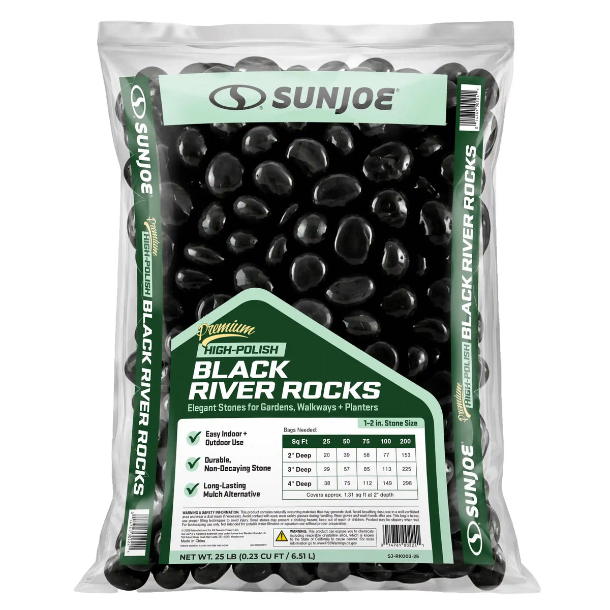 Sun Joe Premium High-polish Black Decorative River Rocks | 1-2 In. Stone Size | 25-Lb. Bag