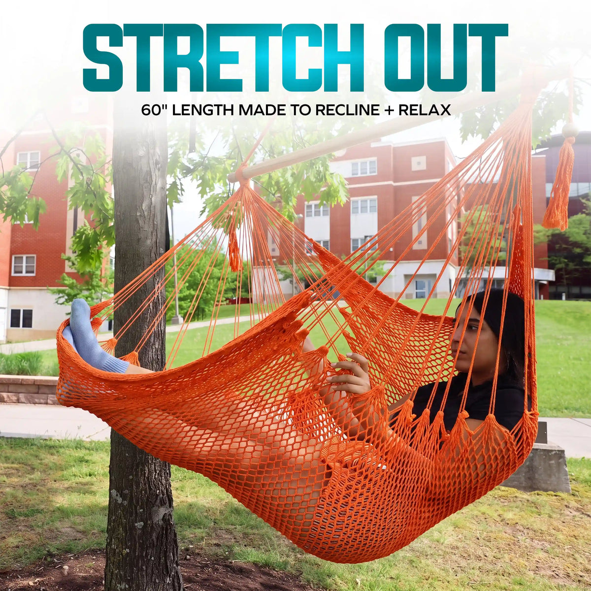 Bliss Hammocks BHC-412OR Island Rope Hammock Chair w/ Spreader Bar & Hanging Hardware | 40-in. Wide | 265 Lb. Capacity (Orange)