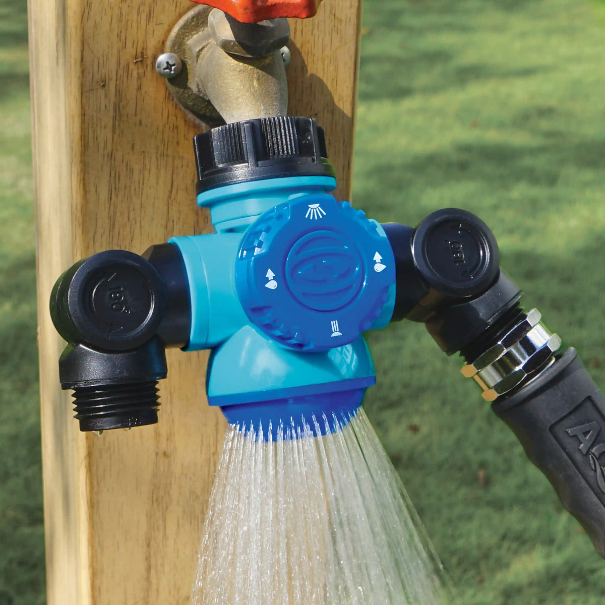 Aqua Joe Multi-Function Outdoor Faucet & Dual Garden Hose Tap Connector | 3/4-Inch Thread Size