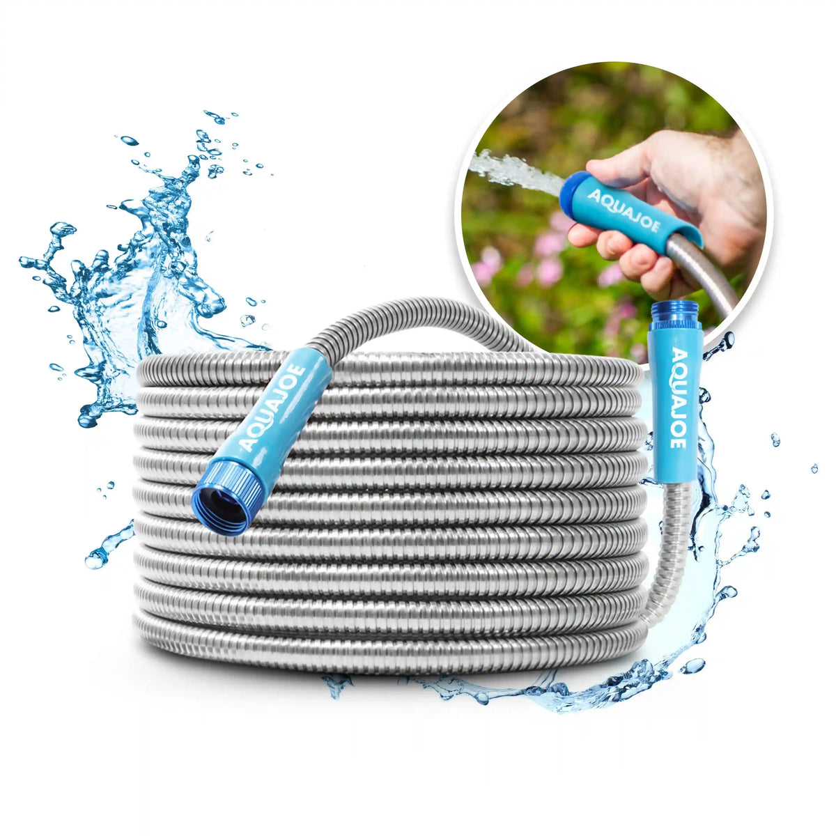 Aqua Joe Heavy-Duty Puncture Proof Metal Garden Hose | 25-Foot | 304-Stainless Steel | Spiral Constructed | 1/2-Inch Diameter