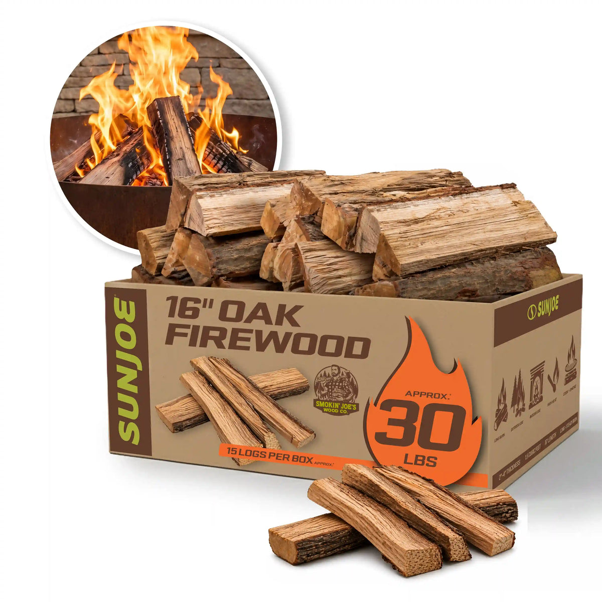 Sun Joe 16'' Oak Firewood | 100% Natural Kiln-Dried for Fireplaces, Campfires, Wood Stoves, Fire Pits & Grills | 30-Lb. Box