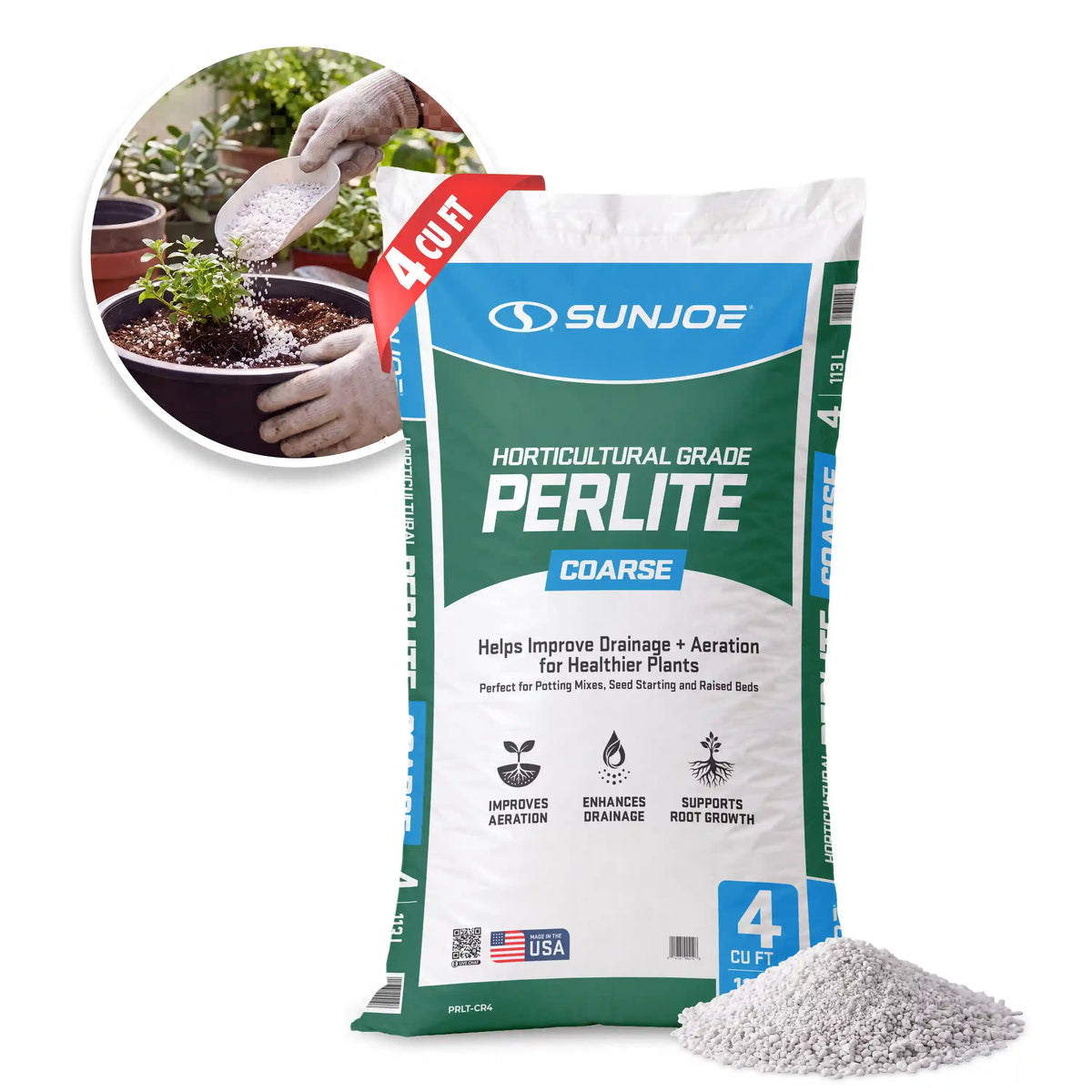 Sun Joe Horticulture Grade Perlite | Improves Drainage + Aeration for Healthier Plants | Course | 4 cu ft bag