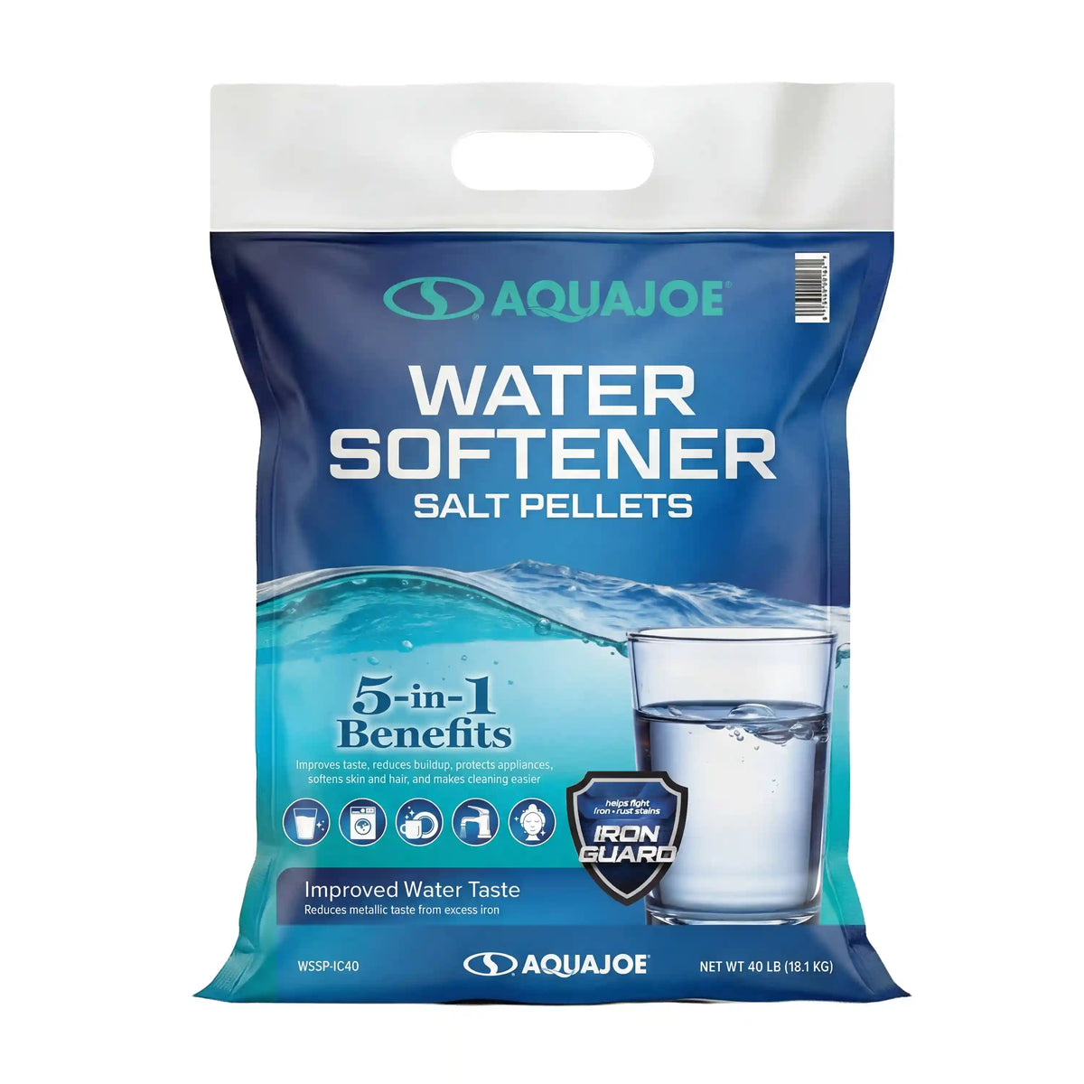 Aqua Joe Water Softener Salt Pellets with Iron Guard | 5-In-1 Benefits | Improved Water Taste | 40-Lb. Bag