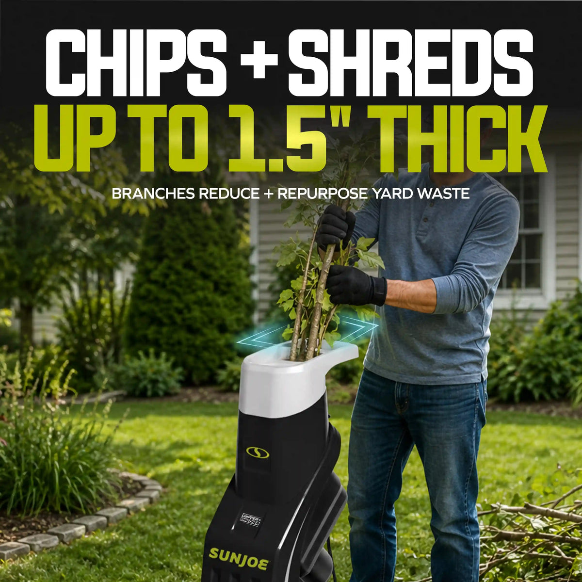 Sun Joe CJ601E Electric Wood Chipper | 16:1 Reduction | 14-Amp | 1.5-inch Max Cutting Diameter